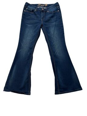 Seven7 Jeans, Flare, Embroidered Pockets, Size 14, Dark Indigo Denim, 90s